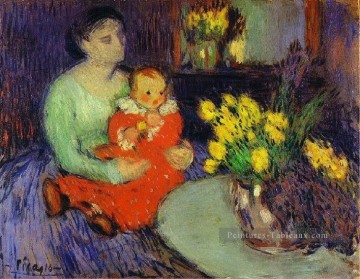  enfant - Mère et Enfant devant un vase fleurs 1901 Pablo Picasso